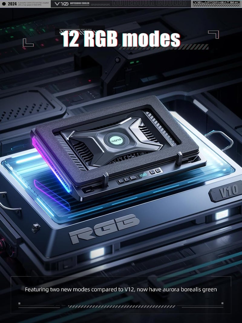 llano وسادة تبريد لابتوب للألعاب V10، حامل لابتوب RGB مع مروحة تبريد توربينية خارجية قوية بحجم 4.72 بوصة، تبريد سريع للكمبيوتر 13-17.3 بوصة، تحكم بالزر، 3 وضعيات قابلة للتعديل، 4 منافذ USB C&A - Image 3